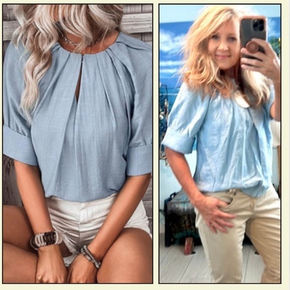 Gitees, Raglan Sleeve,Keyhole Neckline Pleated Detail,YachtWear,Timeless Blouse - Picture 2 of 16